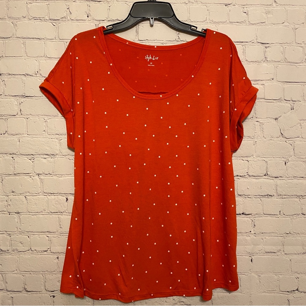 Style & Co Womens Shirt Star Print Scoop Neck Short Sleeve
